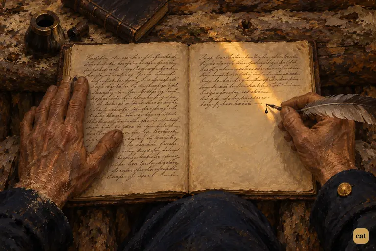 The captain's quill stops in the log-book after the words James Hawkins, cabin-boy