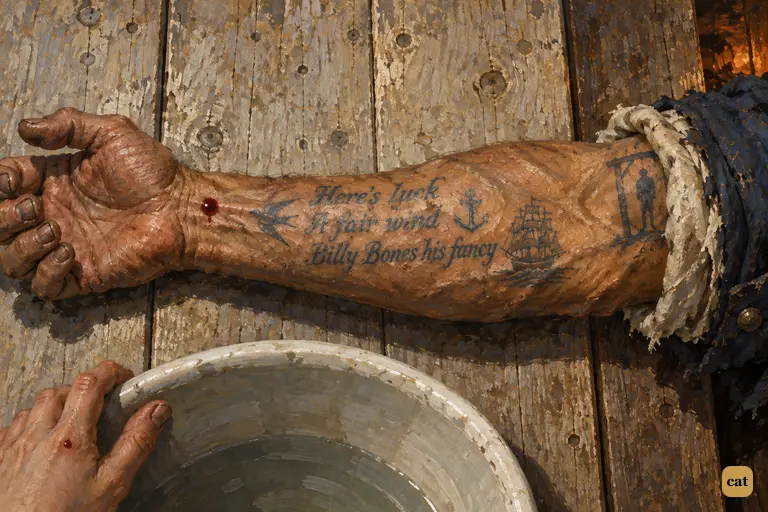 The captain's bared forearm shows an old blue tattoo: Billy Bones his fancy