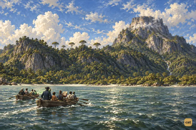 The two gigs cross the sunlit anchorage toward the pine-covered plateau.
