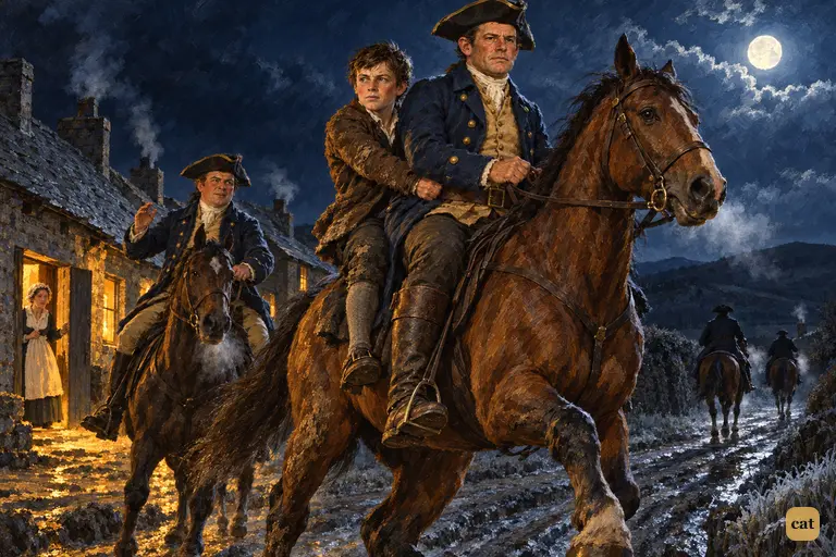 Jim clutches Dogger's belt behind the saddle as the horse trots away from the hamlet