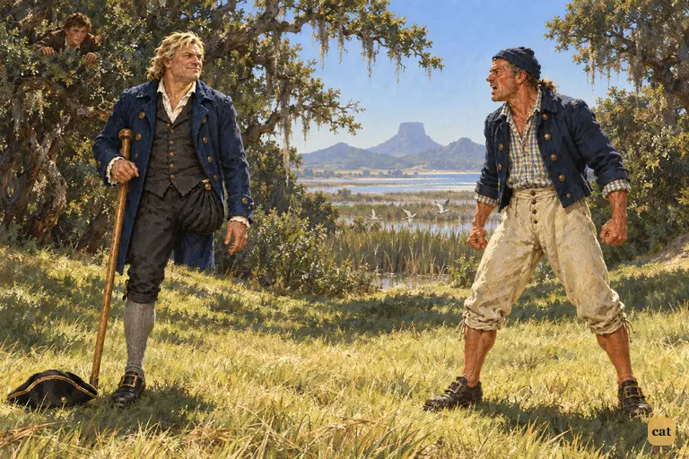Tom hurls his defiance at Long John Silver, who rests on his crutch in silence