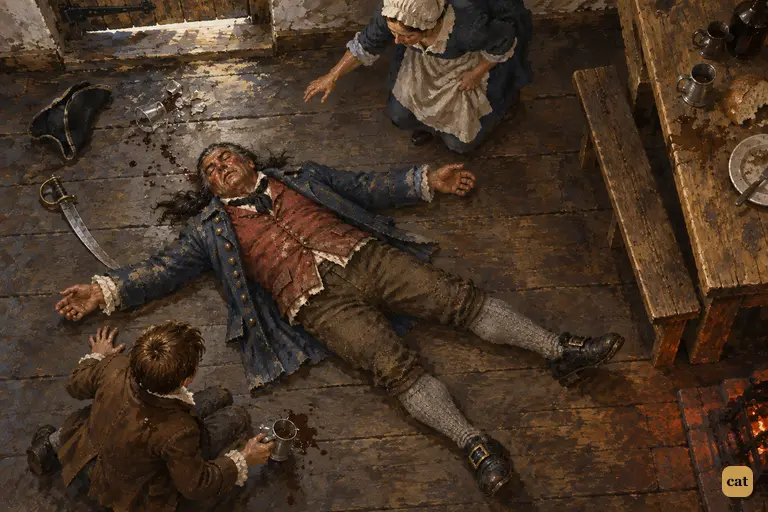 Billy Bones lies senseless; Jim freezes with spilling rum as his mother comes running