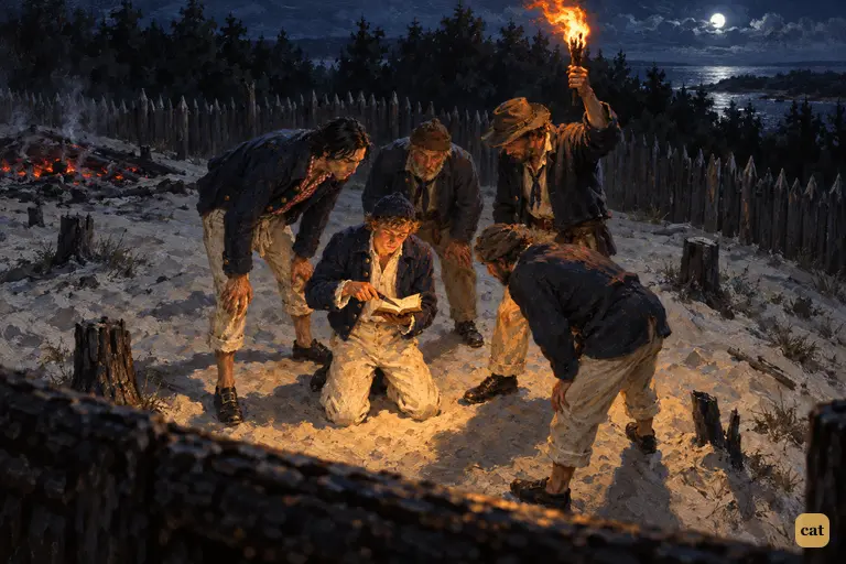 From a log-house loophole, Jim watches the mutineers gather round a torch on the slope