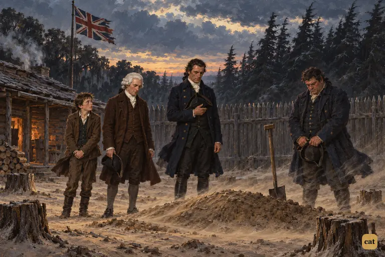 Four tired defenders stand bare-headed around old Tom Redruth's fresh sand grave