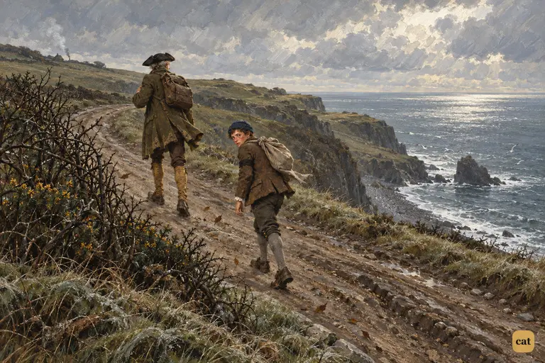 Jim looks back at the empty bend where the Admiral Benbow stood as Tom Redruth strides on