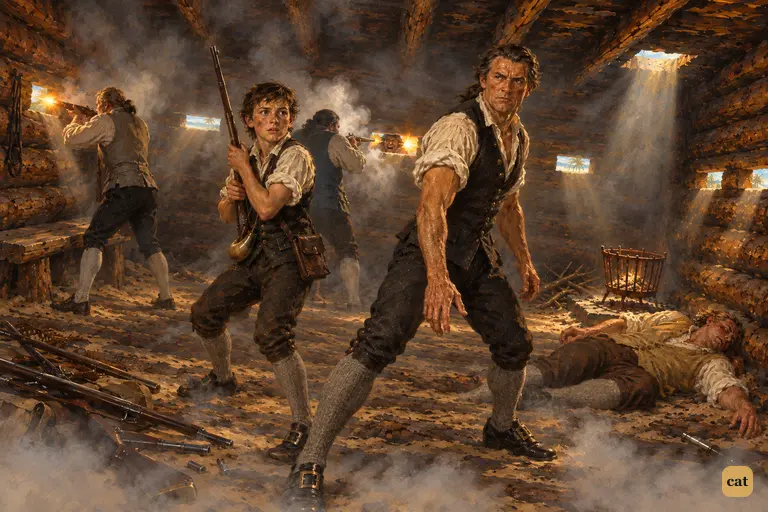 Pirates reach the loopholes as powder smoke and pistol flashes fill the log-house