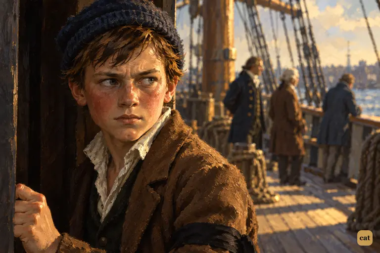 Sent to the galley, Jim Hawkins looks back at the deck in silent, burning resentment
