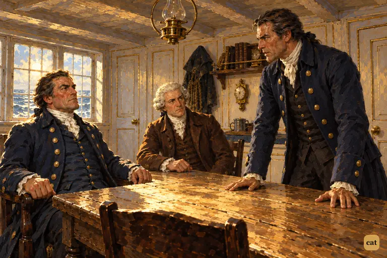 The captain, palms on the table, names to the squire the one man to rely on