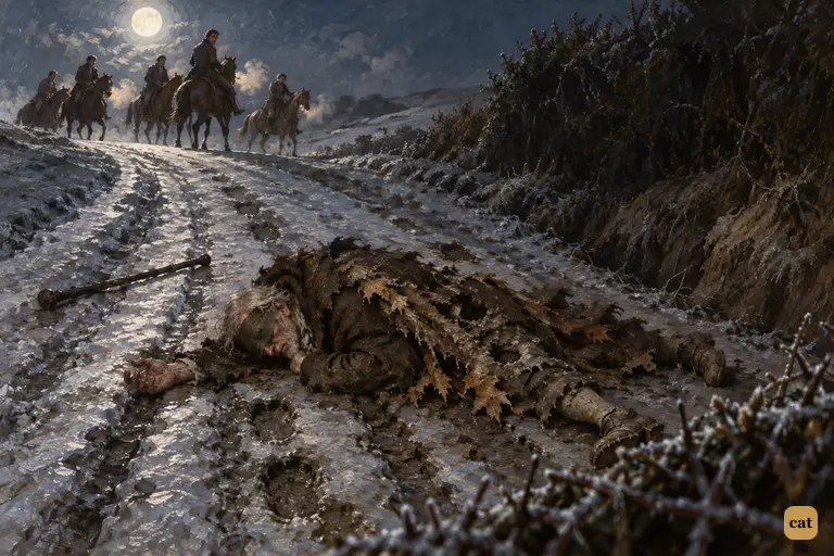 Blind Pew lies face down in the frozen rut as the riders rein in up the slope