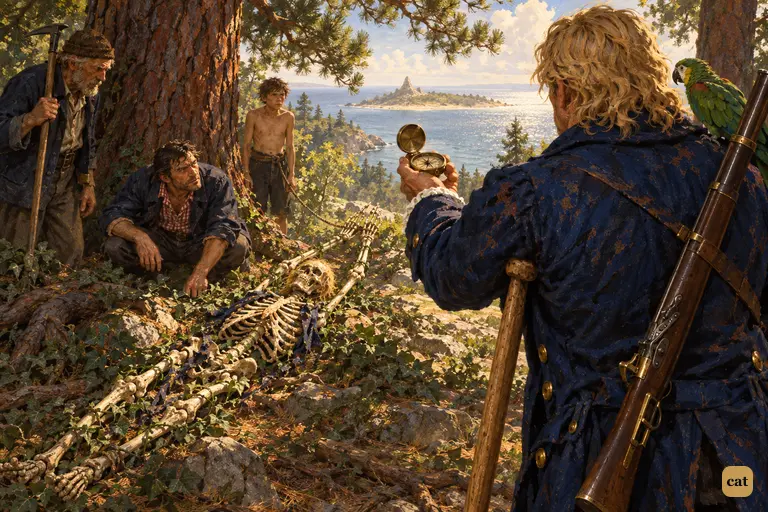 Long John Silver's compass lines up with Allardyce's arms, pointing to Skeleton Island