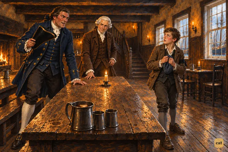 The squire grabs his cocked hat and calls Jim to see the schooner; the doctor rises too