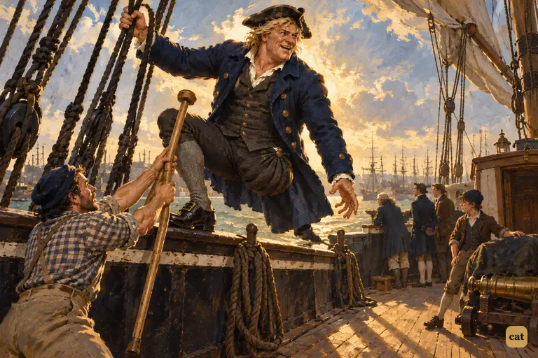Long John Silver bounds over the Hispaniola's bulwark, already eyeing the powder kegs