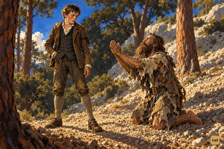 The shaggy islander kneels before Jim, who keeps his hand on his pistol pocket