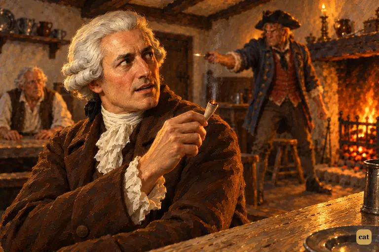 Doctor Livesey, pipe held aside, steadily names the gallows over his shoulder