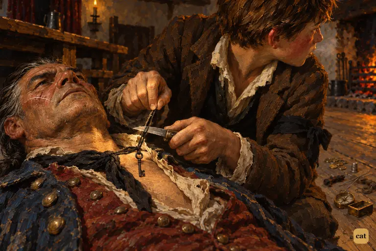 Jim draws the string from the dead captain's neck and raises the captain's own knife