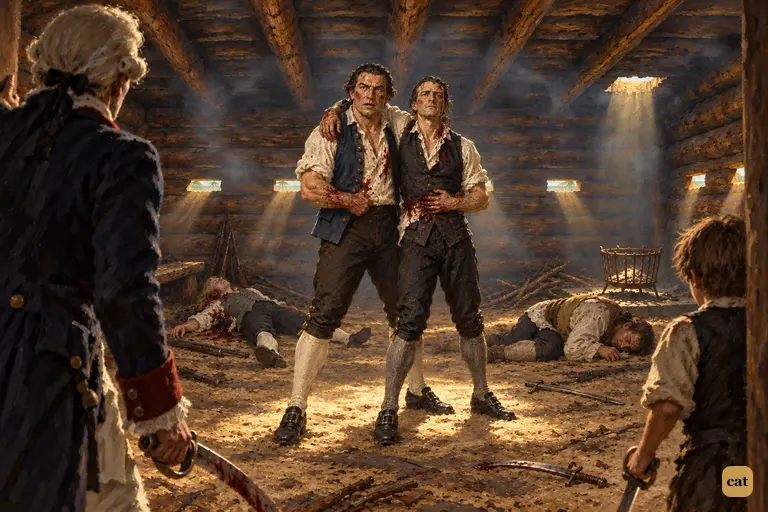 As the powder smoke clears in the log-house, the doctor and Jim see what the fight cost.