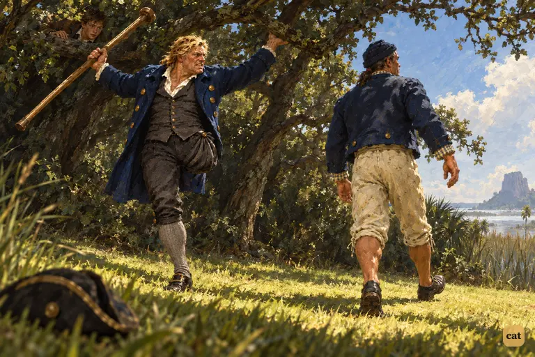 Tom walks off toward the beach as Long John draws back his crutch to throw