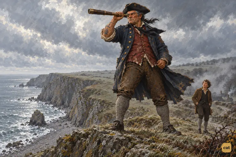Billy Bones stands on the cliff edge, sweeping the sea with a brass telescope