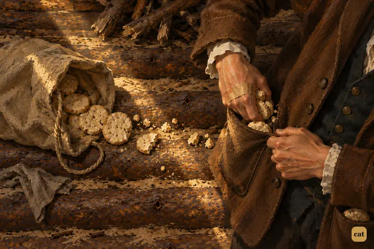Alone by the woodpile, Jim crams the last fistful of ship's biscuit into his pocket
